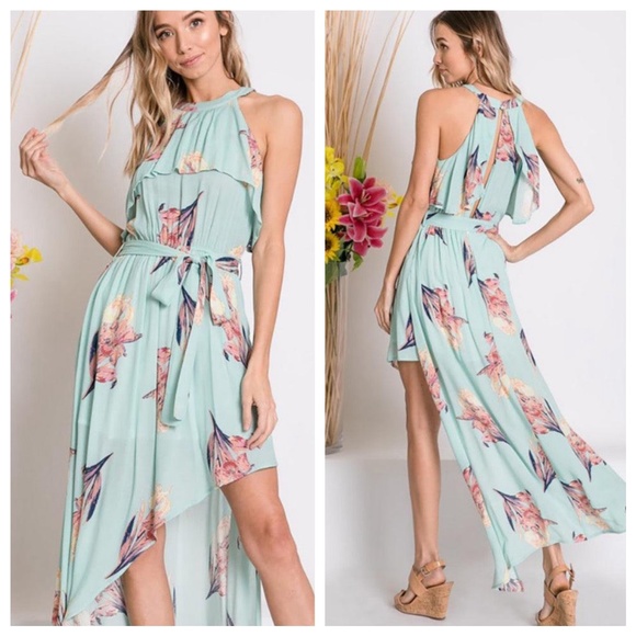 01 Boho Mint Floral Print Ruffle High Low Maxi Dress - Picture 2 of 2
